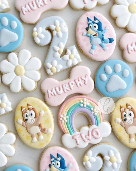 This episode of Bluey is called Murphy turns two-ey🩷🌈🌼🩵 #cowtowncookieco #fortworthcookies #aledocookies #blueycookies… | Instagram Bluey Sugar Cookies Girl, Bluey Cookies Decorated Girl, Bluey 2nd Birthday Cookies, Rainbow Bluey Party, Bluey Birthday Cookies For Girl, This Episode Of Bluey Is Called, Bluey Decorated Sugar Cookies, Bluey Theme Party Food, Bluey Themed Cookies