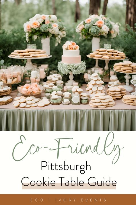 Planning a wedding and want to honor the Pittsburgh cookie table tradition sustainably? Discover creative and eco-friendly wedding ideas to make your cookie table display both memorable and green. From sustainable boxes and packaging to eco-conscious decor, find inspiration to host a celebration that's kind to the planet. Embrace the charm of this beloved tradition while supporting sustainability. Read the blog post to learn more. Italian Wedding Cookie Table, Wedding Cake And Cookies Display, Wedding Cookie Table Display, Cookie Display Wedding, Cookie Table Display, Cookie Table Ideas, Sustainable Wedding Decor, Pittsburgh Wedding Cookie Table, Eco Friendly Wedding Decor