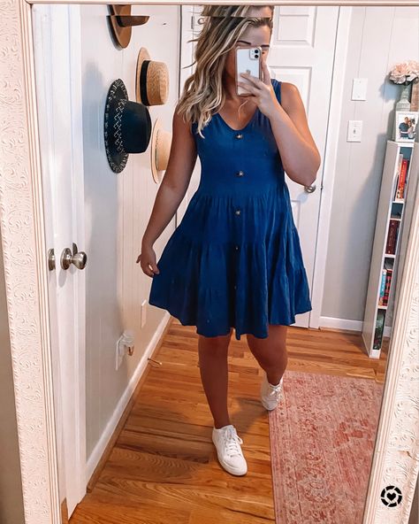 $22 Amazon dress! White star sneakers 50% OFF with code “SPRING50” 🤩 I sizes up 1 on the dress for a little extra length.. I’m 5’8” typically a medium, ordered a large. amazon find, button dress, navy dress, babydoll dress, amazon fashion, Steve Madden sneakers, star sneakers, designer look, summer style, summer casual dress #LTKunder50 #LTKstyletip #LTKunder100 You can instantly shop all of my looks by following me on the LIKEtoKNOW.it shopping app http://liketk.it/2TgMQ #liketkit @liketoknow. Sun Dress With Sneakers, Sundress With Sneakers, Summer Dress With Sneakers, Casual Dress With Sneakers, Summer Casual Dress, Look Summer, Dress Amazon, Steve Madden Sneakers, Amazon Dresses