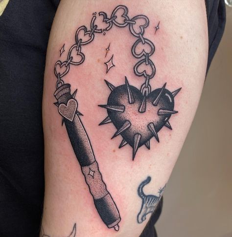 🖤Nancy Chapman🖤 | A very cool mace tattoo done today 🙏🏻 • • • #tattoo #tattoos #tattooist #tattooed #tattooing #tattooflash #tattooartist #tattooart… | Instagram Mace Chain Tattoo, Traditional Mace Tattoo Design, Skyrim Molag Bal Mace Tattoo, Heart Chain Mace Tattoo, Mace Tattoo Blackwork, Morningstar Tattoo, Mace Tattoo, Today Tattoo, I Tattoo