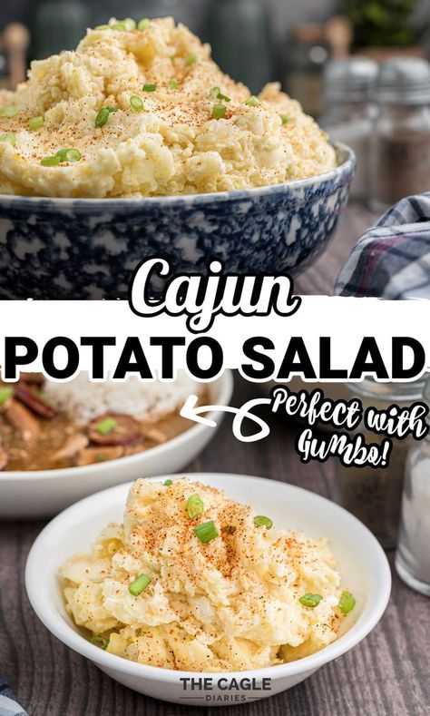 This old fashioned southern classic is super easy to fix side for almost every meal. A Cajun Potato Salad Recipe is designed to be eaten with a bowl of gumbo so it's made to be smooth and full of flavor - ready to melt into that bowl of gumbo or with those barbecue baked beans. Potato Salad Cajun, Potato Salad With Gumbo, Southern Potato Salad Recipe Deep South, Louisiana Potato Salad Recipe, Gumbo With Potato Salad, New Orleans Style Potato Salad, Gumbo And Potato Salad, Potato Salad For Gumbo, Gumbo Potato Salad