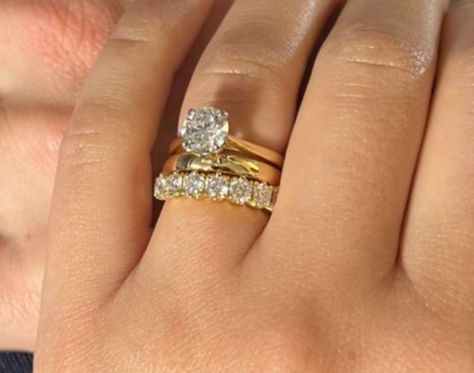 Gold Band With Round Diamond, Round Engagement Ring With Wedding Band Stack, Round Diamond Ring Stack, Wedding Ring Stack Round Diamond, Round Solitaire Engagement Ring Stack, Round Engagement Ring Stack, Round Engagement Ring Gold, Solitaire Ring Stack, Gold Wedding Ring Stack