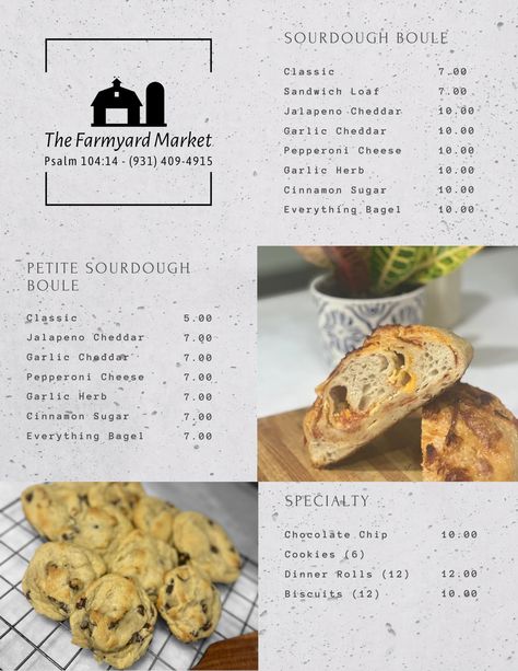 Sourdough Menu Design, Coffee Business, Farm Stand, Menu Design, Sourdough Bread, Dough, Bread, Cooking Recipes, Baking