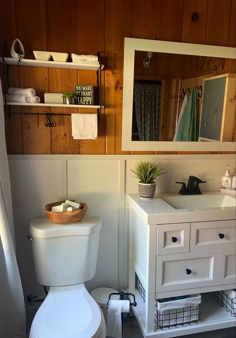 The white trim help show the beauty and charm of the knotty pine walls. Bathroom Cedar Walls, Pine Bathroom Walls, Cabin Knotty Pine Walls, Knotty Pine Kitchen Walls, Old Cabin Interior Makeover, Knotty Pine Cottage Interior, Pine Wall Paneling, Pine Bathroom Ideas, Pine Walls Bathroom