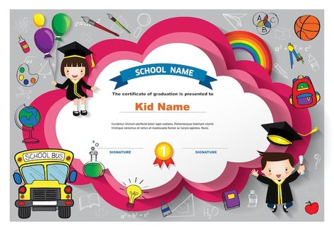 Kids diploma certificate background desi... | Premium Vector #Freepik #vector #kindergarten-certificate #kids-certificate #kindergarten-graduation #school-certificate Certificate Background Design, Classroom Awards Certificates, Kindergarten Graduation Certificate, Free Printable Certificate Templates, Preschool Diploma, Colorful Template, Graduation Certificate Template, Background Invitation, Free Printable Certificates