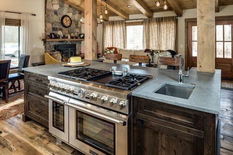 Stove In Center Island, Rustic Kitchen Island With Stove, Slide In Stove Kitchen Island, Rustic Kitchen Island With Sink, Kitchen Island With Stove And Sink, Kitchen Islands With Ranges, Farmhouse Kitchen Island With Cooktop, Gas Stove In Island, Stove Island Kitchen