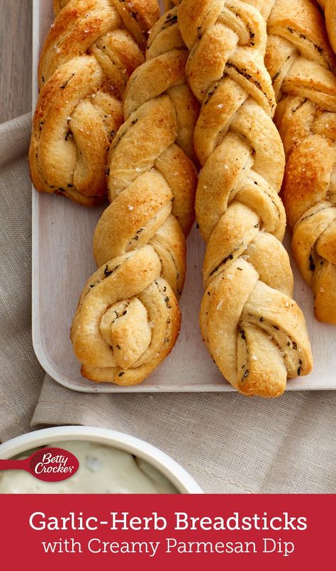 These homemade breadsticks start with Pillsbury™ refrigerated crescent dough sheet, braided into eight impressive-yet-easy servings. Pair with our Creamy Parmesan Dip for a special alternative to classic dinner rolls. You won’t believe how easy they are! Dip For Breadsticks, Parmesan Dip, Homemade Breadsticks, Crescent Dough Sheet, Bread Sticks, Crescent Dough, Creamy Parmesan, Garlic Herb, Breadsticks