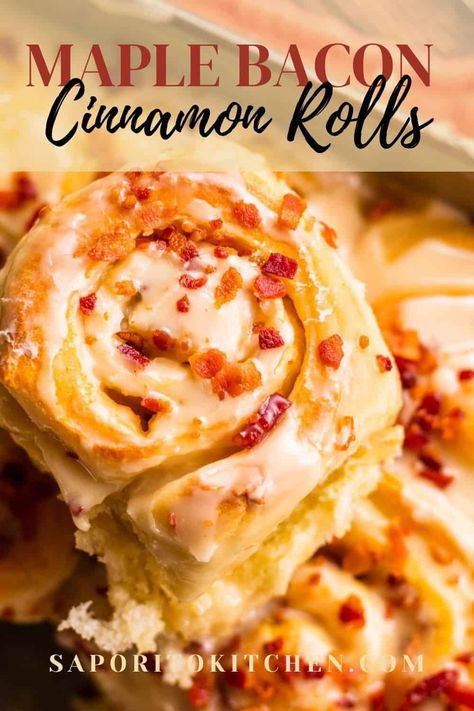 Meat Cinnamon Rolls, Cinnamon Rolls With Bacon, Bacon Cinnamon Rolls Pillsbury, Fall Cinnamon Rolls Recipe, Bacon Cinnamon Rolls Homemade, Thanksgiving Recipes With Bacon, Maple Bacon Bread, Maple Cinnamon Rolls Homemade, Maple Syrup Cinnamon Rolls