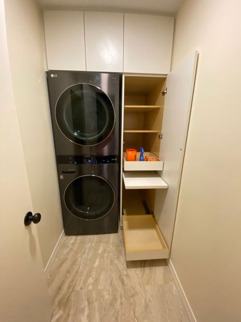 Small Laundry Room With Refrigerator, Laundry Room Ideas With Stacked Washer, Small Laundry Room Ideas Double Stack, Stackable Washer And Dryer Pedestal, Lg Tower Laundry Room Ideas, Small Laundry Room Ideas Lg Washtower, Washer Tower Laundry Room, Washtower Laundry Room Ideas, Lg Wash Tower Laundry Room