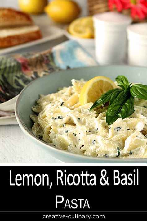 Lemon Basil Pasta Recipes, Lemon Basil Ricotta Pasta, Ricotta Basil Pasta, Ricotta And Pesto Recipes, Riccota Cheese Pasta, Ricotta Pesto Pasta, Riccota Cheese Recipes, Ricotta Pasta Sauce, Lemon Garnish