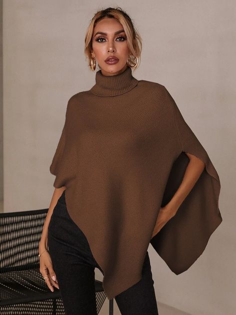 Solid Turtleneck Poncho Sweater | SHEIN Brown Poncho Outfit, Poncho Outfit, Turtleneck Poncho, Women Sweaters, Blue China, Poncho Sweater, Coffee Brown, Knitwear Women, Half Sleeve