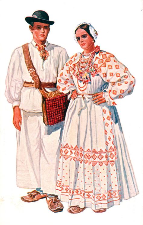 Illustration of man and woman in costume, Zagreb (Vukomerc), Croatia (former Yugoslavia), circa 1930-1937 - Payne (Blanche) Regional Costume Photograph and Drawing Collection - University of Washington Digital Collections Russian Clothing, Costumes Around The World, Russian Folk Art, Folk Clothing, Folk Art Dolls, Russian Folk, Folk Dresses, Beautiful Costumes, Folk Fashion