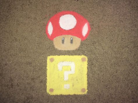 MARIO mushroom. Sidewalk Chalk art. Drawn by said-ivy. Chalk Art Mushroom, Mario Sidewalk Chalk Art, Mario Chalkboard Art, Chalk Art Mario, Chalk Mushrooms, Chalk Drawing Ideas Sidewalk, Fun Chalk Art Ideas, Chalk Characters Easy, Chalk Art Animals