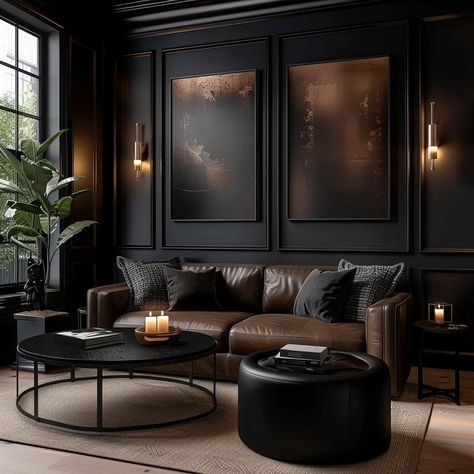 Mansion Lounge Room, Masculine Lounge Room Ideas, Dark Mancave Ideas, Dark Manly Office, Black Whiskey Room, Dark And Moody Lounge Room, Black And Brown Room Ideas, Rustic Chic Basement, Mancave Design Ideas