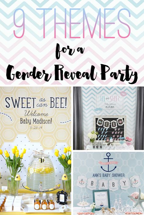 A gender reveal party is a fun way to celebrate the exciting news of whether you’ll be welcoming a baby boy or girl into the family. Not finding out? These unique gender reveal party themes are great ideas for gender neutral showers, too! | kateaspen.com Unique Gender Reveal Party Ideas, Twin Gender Reveal, Gender Reveal Unique, Pregnancy Gender Reveal, Gender Reveal Party Theme, Gender Reveal Themes, Gender Party, Baby Gender Reveal Party, Gender Reveal Cake