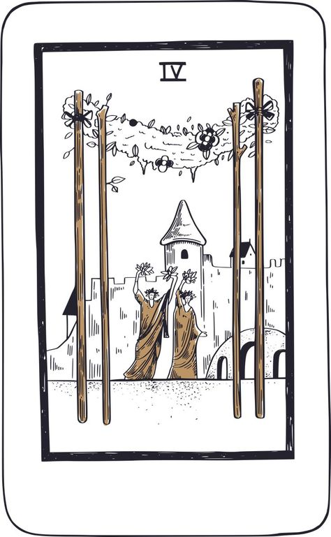 The Four of Wands in Tarot represents celebration, stability, and a sense of community. This card is often associated with the idea of coming together to celebrate a shared accomplishment, as well as the idea of establishing roots and creating a sense of security. It symbolizes a time of joy, happiness, and contentment. Wands In Tarot, Four Of Wands Tarot, Four Of Wands, Two Of Wands, Moon Magick, Wands Tarot, Minor Arcana, Tarot Decks, Tarot Reading