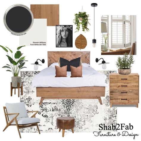 I’m feeling boho-modernish with this design, lots of natural wood to play off a black wall, greenery and crisp white upholstery and bedding, leather and natural light. Feels good ya? Wall Greenery, Bedroom Mood Board, Leather Bedroom, Natural Bedroom, Wood Bedroom Furniture, Oak Bedroom, Brown Bedroom, Boho Modern, Bedroom Black