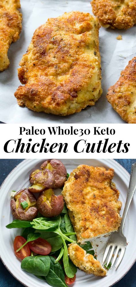 My family's favorite crispy "breaded" Paleo Chicken Cutlets that are super easy, quick, and just as good as the original.  Whole30 compliant, low carb, keto and kid friendly - you can put these on you "go-to" weeknight dinner list! #paleo #keto #whole30 Dinner List, Chicken Cutlet Recipes, Easy Whole 30 Recipes, Paleo Chicken Recipes, Chicken Schnitzel, Whole30 Dinners, Cutlets Recipes, Whole 30 Diet, Resep Diet