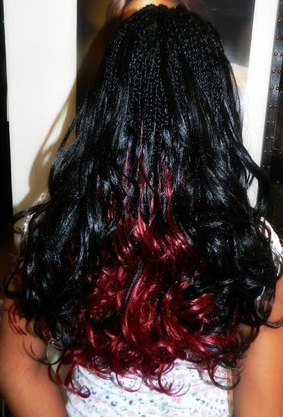 Single Braids Curly Ends, Short Curly Micro Braids, Black And Red French Curl Braids, Black And Red Braids With Curls, Red Micro Braids, Red Black Braids, Red And Black Braids, Black And Red Braids, Burgundy Braids