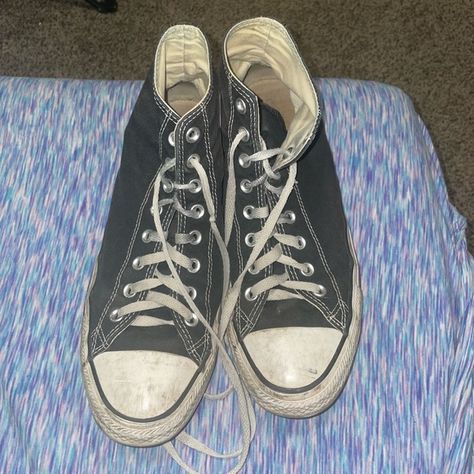 Beat up size 10.5 Unisex converse. Worn as daily shows for a while Embroidered Black Converse, Marcel Styles, Black Beats, Converse Aesthetic, High Top Chucks, Black Converse, Kids Converse, Chuck Taylors High Top, Up Shoes