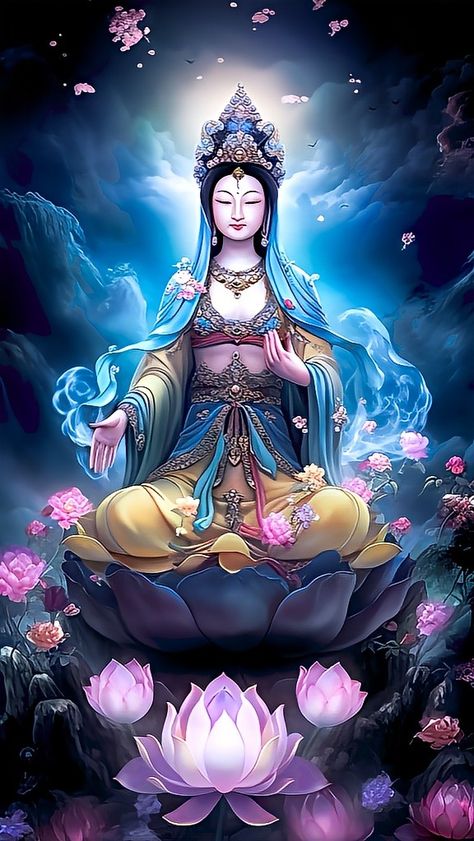 Guanyin Art, Guanyin Goddesses, Buddha Artwork, Durga Painting, Quan Yin, Kuan Yin, Goddess Artwork, Kwan Yin, Celestial Art