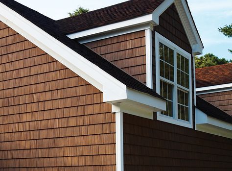 The real look of wood without all the maintenance. Vinyl Cedar Shake Siding, Brown Houses, Vinyl Shake Siding, Cedar Shake Siding, Shake Shingle, White Siding, Shake Siding, Lake Houses Exterior, Cedar Shakes