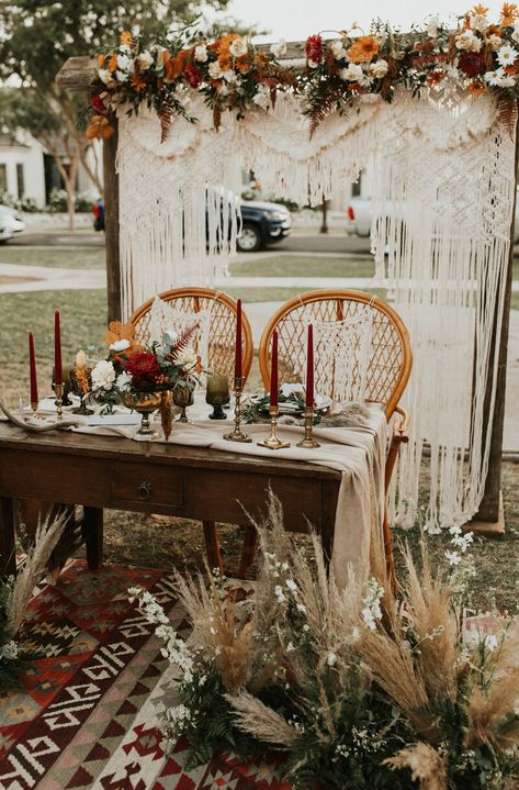 Whimsical Boho Wedding Decor, Macrame Sweetheart Table, Boho Maroon Wedding, Fall Boho Sweetheart Table, Boho Wedding Furniture, Boho Wedding Macrame, Boho Wedding Altar Ideas, Boho Chandelier Wedding, Boho Macrame Wedding Decor