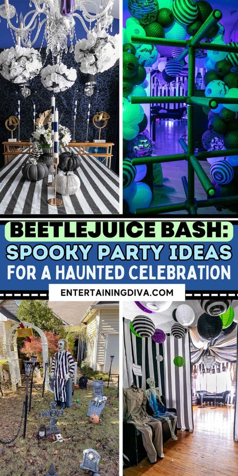 Beetlejuice Bash: Spooky Party Ideas For A Haunted Celebration | Halloween Party Ideas Tim Burton Birthday Party Decorations, Tim Burton Party Decorations, Beetlejuice Themed Food, Beetlejuice Theme Party, Tim Burton Themed Party, Tim Burton Halloween Party, Beetle Juice Party, Beetlejuice Halloween Decorations, Beetlejuice Decorations