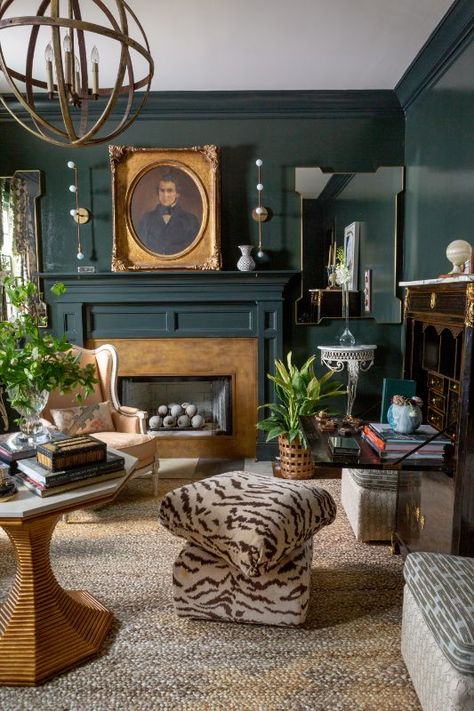 Dark And Moody Living Room Modern, Dark Green Living Room Fireplace, Dark Moody Living Room Eclectic, Moody Living Room Jewel Tones, Moody Sunroom, Dark Victorian Living Room, Moody Modern Living Room, Moody Boho Living Room, Bathroom Moody