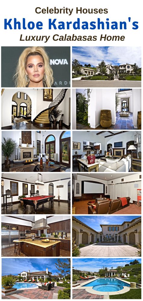 Get a look inside Khloe Kardashian's $7.2 Million Calabasas mansion. This celebrity house tour is filled with luxury home interior design and interior decor inspiration that most ordinary people can only dream of. For more luxury celebrity houses, celebrity homes, celebrity mansions, and home interior design inspiration, check out our boards. Celebrity Home Decor, Kardashian Home Exterior, Khloe Kardashian House Exterior, Kardashian Home Decor, Celebrity Homes Interior, Celebrity Houses Mansions, Celebrity Houses Interior, Dark Woodwork, Luxury Home Interior Design