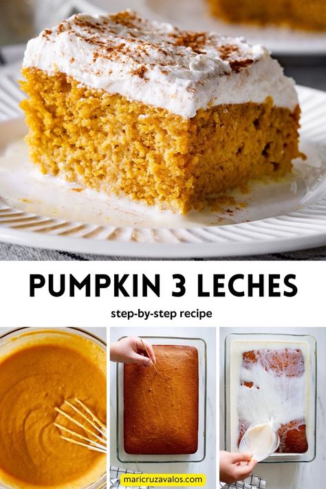 Pumpkin tres leches cake recipe. Tres Leches Pumpkin Spice, Pumpkin Tres Leches Cake With Box Cake, Fall Cakes Flavors, Pumpkin Tres Leches Box Cake, Pumpkin Tres Leches Cake Recipe With Box Cake, Hollween Desert, Halloween Tres Leches Cake, Tres Leches Pumpkin Cake, Pumpkin Mold Cake