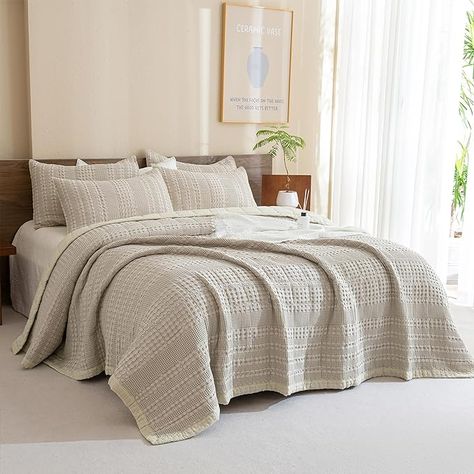 3Pcs Soft Lightweight King Quilt Bedding Set,Farmhouse Coverlet Quilt Set Shabby Vintage Chic Bedding Set Bedding Beige, Khaki Bedding, Waffle Quilt, Cotton Quilt Set, Lightweight Bedding, Coverlet Set, Shabby Vintage, Quilt Set, Quilt Bedding