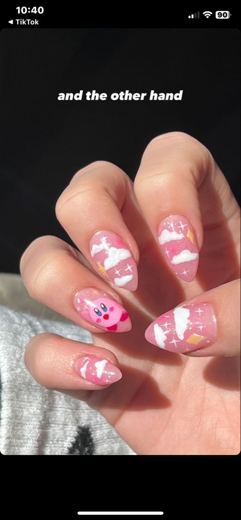 Cute Kirby Nails, Kiki And Lala Nails, Kirby Themed Nails, Cutesy Nails Acrylic, Princess Peach Inspired Nails, Kirby Nails Short, Kirby Nail Design, Pink Anime Nails, Manga Nail Art