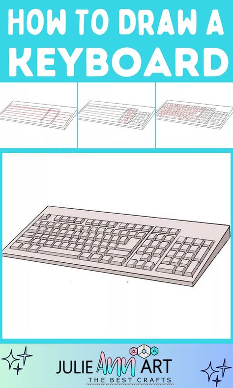 You may notice that the keys are not marked in this drawing. Don’t worry! This is because these drawings focus on creating various elements of a larger drawing setup, such as a complete computer room, where the keyboard is just one element. Because of this, we keep the keyboard drawing simple. However, if you have the time and patience, please add more details and markings to enhance your artwork. Drawing Of A Keyboard, Keyboard Reference Drawing, Keyboard Drawing Easy, Keyboard Sketch, Parts Of Computer Drawing, Keyboard Drawing, Piano Keyboard Drawing, Keyboard Typing Animation, A Keyboard