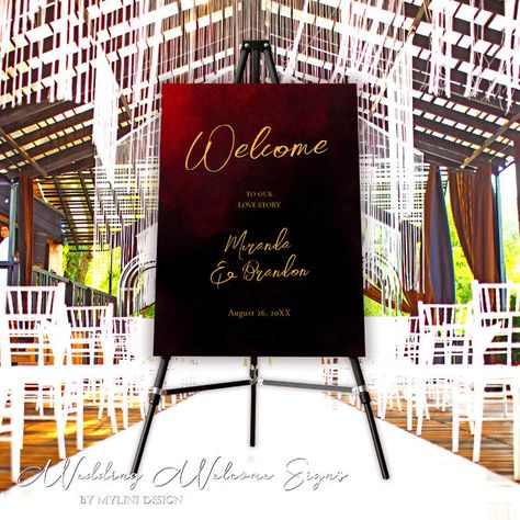 Luxury Gold Red and Black Wedding Welcome Sign Black Wedding Welcome Sign, Black Red Wedding, Luxurious Colors, Richmond Wedding, Gold Wedding Theme, Wedding Mementos, Wedding Items, Wedding Black, Beautiful Calligraphy