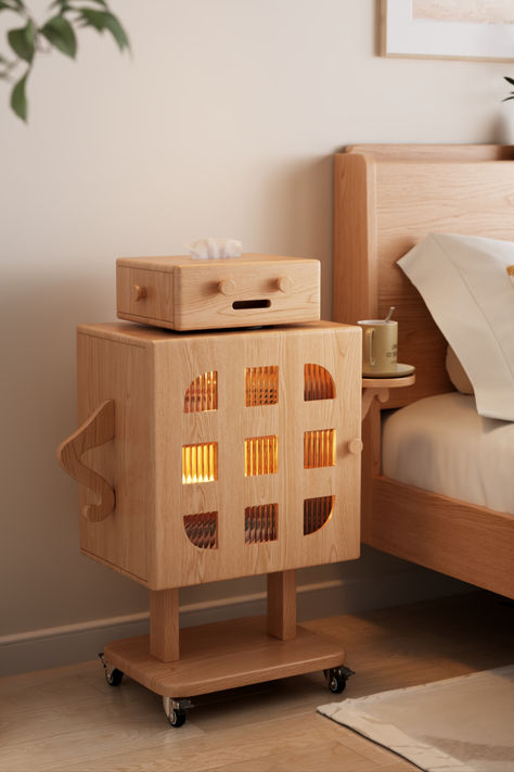 Innovative Bedroom Accent: Wooden Robot Bedside Table with Tray Hand for Essentials and Tissue Box Head Tissue Box Design, Unusual Bedside Tables, Furniture Design Unique, Wooden Robot, Box Head, Kids Room Furniture, Table Decor Living Room, Woodworking Furniture Plans, Bedroom Accent