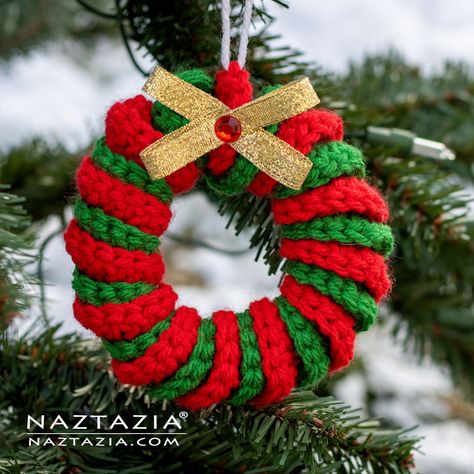 Crochet Curly Wreath Ornament Pattern - Naztazia ® Crochet Wreath Ornament, Crochet Wreath Pattern, Christmas Reef, Crochet Christmas Wreath, Crochet Christmas Ornaments Free, Crochet Ornament Patterns, Crocheted Christmas, Crochet Wreath, Green Yarn