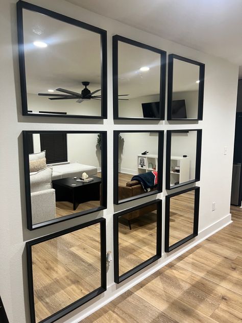 Modern way to effectively upgrade any space. Mirror Accent Wall, Living Room Elevation, Townhome Decorating, Dining Room Design Luxury, Mirror Decor Living Room, Dining Room Remodel, Living Room Design Inspiration, Apartment Decor Inspiration, Home Upgrades