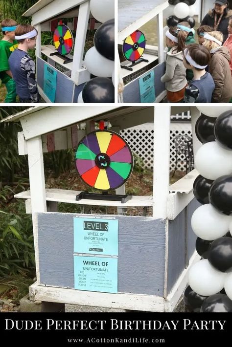 Dude Perfect Games For Kids, Dude Perfect Party Games, Boys Backyard Birthday Party, Wheel Unfortunate Ideas Dude Perfect, Dude Perfect Wheel Unfortunate Ideas, Group Challenges For Kids, Wheel Unfortunate Ideas, Dude Perfect Birthday Party Games, Dude Perfect Birthday Party