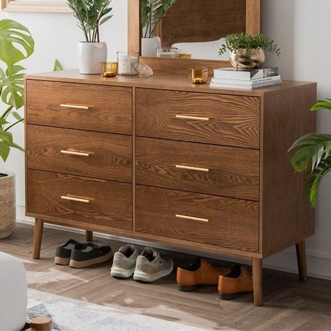 Furniture of America Beau Midcentury Walnut 6-Drawer Dresser with Interlocking Drawers - On Sale - Bed Bath & Beyond - 40838790 Colorful Dresser, Bedroom Addition, Homes Inside, Walnut Dresser, Mid Century Dresser, Dresser Furniture, Mid Century Modern Dresser, Wooden Dresser, Wood Dresser