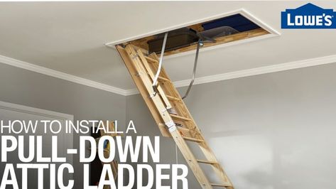 How to Install Pull-Down Attic Stairs Diy Attic Ladder, Attic Ladder Ideas, Attic Stairs Pull Down, Attic Access Door, Folding Attic Stairs, Garage Stairs, Stair Kits, Garage Attic, Attic Staircase