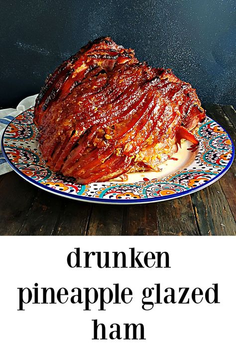 Drunken Pineapple Glazed Ham is one of the easiest & one of the best hams ever! That glaze is just about pig candy! #DrunkenHam #RumPineappleHAm #GlazedHam #PineappleGlazedHam via @frugalhausfrau Drunken Ham Recipe, Best Ham Glaze Recipe Pineapple, Smoked Holiday Ham, Rum Glazed Ham, Roasted Ham With Pineapple, Christmas Ham Recipes Pineapple, Root Beer Ham Glaze, Grilled Ham Recipes, Dole Pineapple Glazed Ham