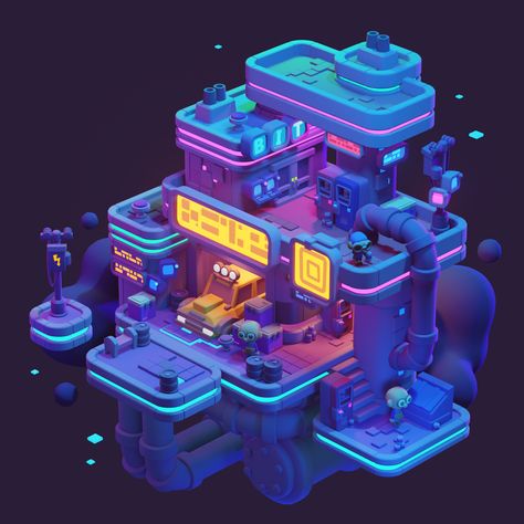 Cyberpunk Garage, Fantasy World Art, Cyberpunk House, Cyberpunk Building, Scifi Environment, Digital Art Programs, Cyberpunk Games, Isometric Map, Building Concept