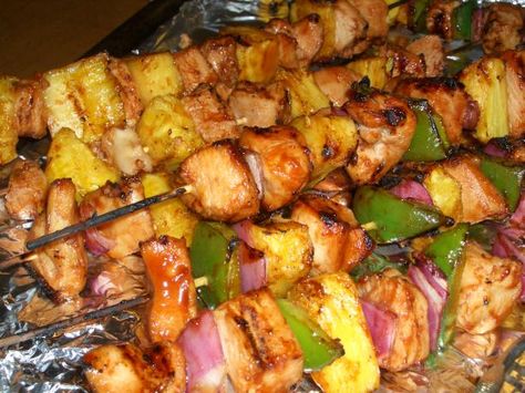 Shish Kabob Marinade or excellent on ckn breast alone -- fyi, reduce sugar to 1/4 C. 1 1/2 TBS brown sugar and reduce soy by a wee bit. Best with chicken and pineapple and maybe red peppers and mushrooms. Shish Kabob Marinade, Shish Kabobs Marinade, Kabob Marinade Recipes, Chicken Kabob Marinade, Chicken Shish Kabobs, Shishkabobs Recipe, Kabob Marinade, Shish Kabob, Beef Kabobs