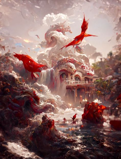 Fire Fantasy Landscape, Fantasy Landscape Fire, Fire Village Fantasy Art, Fire City Fantasy Art, Fire Kingdom Fantasy Art, Fantasy Fire Kingdom, Coral Palace, Kingdom Of Fire, Fire Village