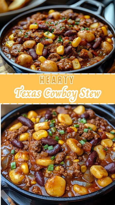 Soup Recipes: Hearty Texas Cowboy Stew Cowboy Beef Stew Recipe, Beef Stew With Beans, Texas Cowboy Chili, Cowboy Cooking Recipes, Texas Cowboy Stew Recipe Crockpot, Texas Stew Crock Pot, Beef Stew With Ground Beef, Beef And Bean Stew, Crockpot Cowboy Stew