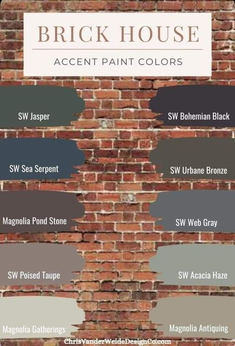 #exteriorcolors #housepainting #curbappeal #homeimprovement #colorinspiration #homedesign #outdoorliving #neighborhoodstyle #residentialarchitecture #exteriorrenovation Brown Brick House Exterior Color Schemes, Tudor Exterior Paint, Brick House Exterior Colors Schemes, Brown Brick Houses, Brick Paint Colors, Accent Paint Colors, Brick House Colors, House Colors Exterior, Exterior House Colors Stucco