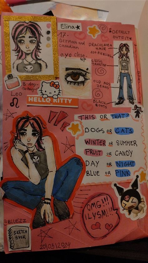 Oc Collage Drawing, Oc Book Ideas, Sketchbook Last Page Ideas, Drawing To Fill Your Sketchbook, Oc Page Ideas, Introduction Sketchbook Page, Ways To Fill Up Your Sketchbook, Sketchbook Pages Oc, Sketch Book Starting Page Ideas