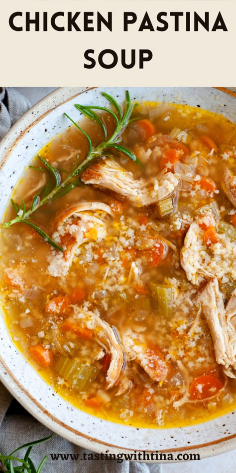 Chicken Pastina Soup is one of my favorite recipes for chilly weather! This easy soup recipe is ready in just 30 minutes. Chicken And Pasta Soup Recipes, Patina Soup, Pastina Soup Recipes, Italian Pastina Soup, Chicken Pastina Soup Recipe, Chicken Pastina Soup, Chicken Pastina, Sipping Soup, Pastina Recipes