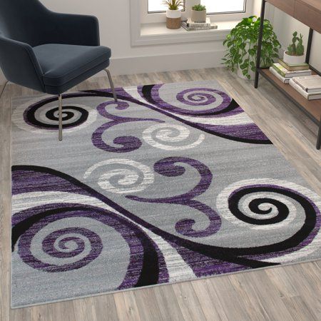 Purple And Black Living Room, Purple And Grey Living Room, Purple Color Palettes, Black Living Room, Purple Area Rugs, Purple Abstract, Living Room Ideas, Swirl Pattern, Modern Spaces